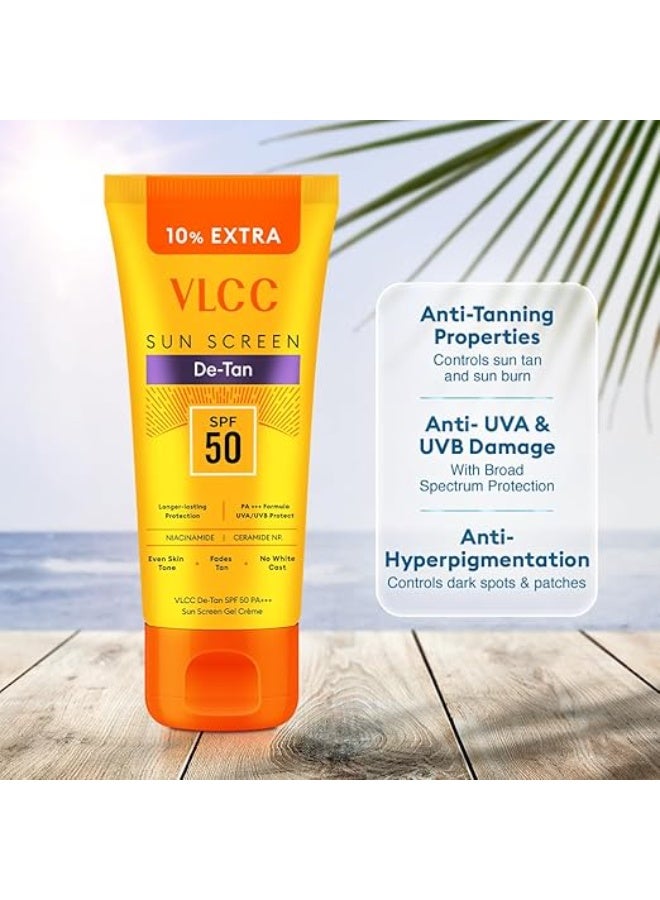 فى ال سي سي كريم جل واقي من الشمس VLCC All Skin De-Tan SPF 50 PA+++ - 100 غرام + 10 غرام إضافية | مع مستخلصات الخيار والجزر والساكسيفراجا | يعزز الإشراق، ويحمي من أشعة UVA وUVB، ويساعد على تقليل البقع الداكنة. - Image 3